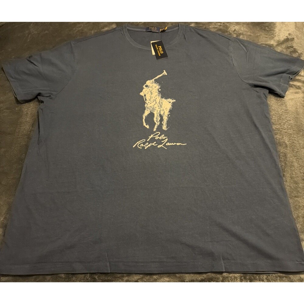 4XLT Polo Ralph Lauren T-Shirt Mens Blue Big Pony Graphic Crew Neck
